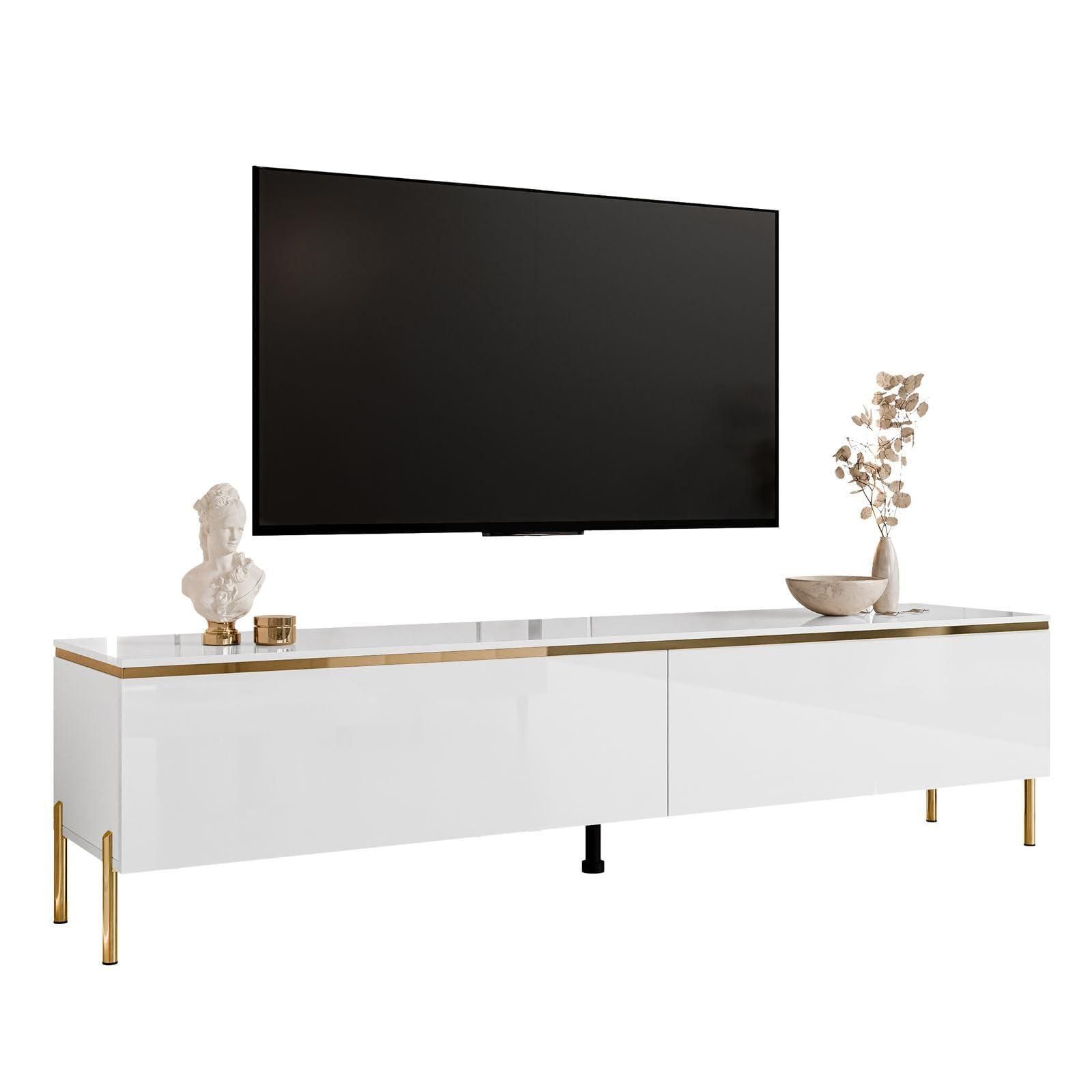 ASM Lyra TV-Bank – 300x190x45 Cm, Weiß, Mit Glaselementen, Regalen Und Schubladen