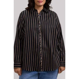 Foxcroft Charlie Stripe Animal Print Trim Cotton Button-Up Shirt in Black/almond at Nordstrom, Size 14W