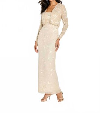 Mon Cheri Lace Beaded Evening Dress In Champagne