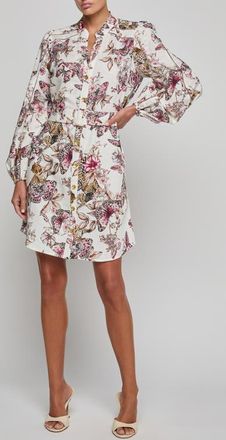 L'agence Kiersten Butterfly & Floral Print Long Sleeve Linen Blend Shirtdress in White Multi Butterfly Jungle at Nordstrom, Size X-Large