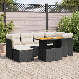 vidaXL Set De Sof&aacute;s De Jard&iacute;n 7 Pzas Con Cojines Rat&aacute;n Sint&eacute;tico Negro Vidaxl