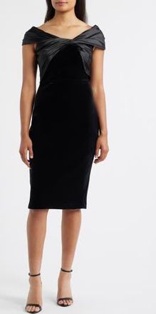 Eliza J Satin Wrap Detail Velvet Sheath Dress in Black at Nordstrom Rack, Size 14