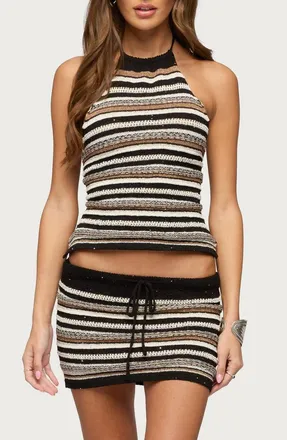 Edikted Britta Metallic Knit Halter Top in Brown at Nordstrom, Size X-Large