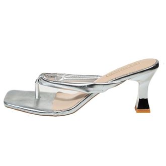 Generic Womens Fashion Square Toe Flip Flop Clip Toe Side Sandals Elegant Kitten Heels Summer Casual Party Dress Shoes (5.5,Silver)