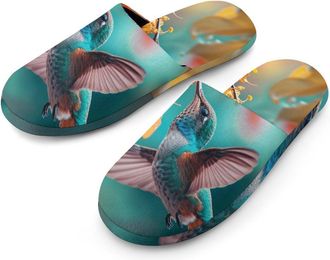 Generic Flying Cute Hummingbird Mens Slippers Flannel Warm House Shoes with Rubber Anti-Slip Sole Slip On for Home Outdoor