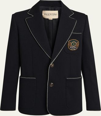 Valentino Garavani Mens Valentino Single Breasted Wool Jacket with Logo Patch