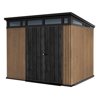 Dmora Caseta De Jard&iacute;n Newberry, Cerrable, Acabado En Resina, Con Ventanas, Techo A Una Aguas, 277x218x226h Cm Marr&oacute;n Nogal