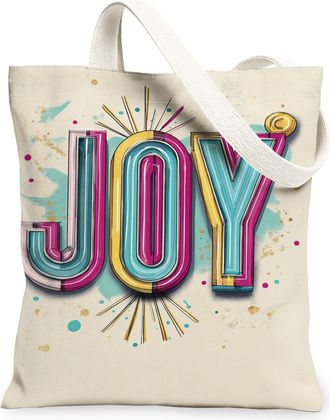 Generic Joyful Canvas Tote Bags, Colorful Vintage Lettering Design Reusable Grocery Bags, Seasonal Lightweight Washable Shoulder Strap Canvas for Travel Outdo