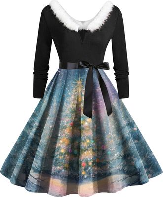 Generic Christmas Dress Women UK V Neck Winter Xmas Santa Reindeer Snowflake Christmas Tree Printed Dress Elegant Party Fitted Knee Length Dresses for Women (