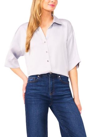CeCe by Cynthia Steffe Three-Quarter Sleeve Satin Button-Up Shirt in Blue Pearl at Nordstrom, Size X-Small