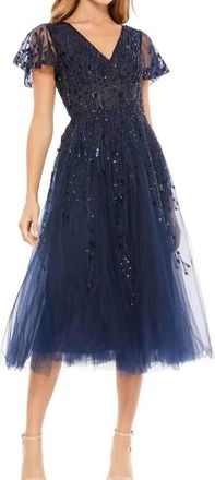 Mac Duggal Embellished Flutter Sleeve Tea Length Dress In Midnight