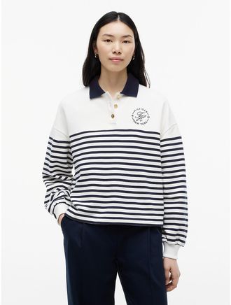 Tommy Hilfiger Womens Nautical Breton Stripe Polo Sweatshirt - Ecru / Navy Blue Stripe - XL