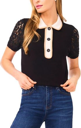 CeCe by Cynthia Steffe Lace Sleeve Polo Sweater in Rich Black at Nordstrom, Size X-Large