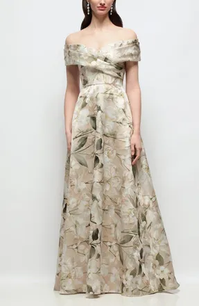 The Dessy Group Karr Metallic Floral Jacquard Off the Shoulder Organza Gown in Plumeria Floral Print at Nordstrom, Size 14