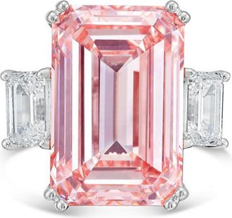 Diana M. Jewels Platinum Lab grown 20ct Fancy pink emerald diamond ring with emerald diamonds on the side and micropave band