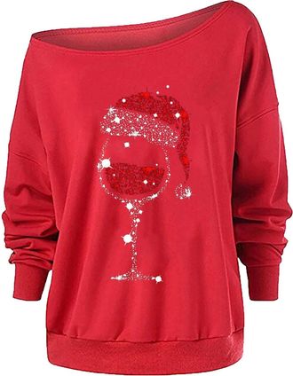 Generic Women Christmas Sweatshirts Sexy Cold Shoulder Long Sleeve T-Shirts Christmas Graphic Pullover Lightweight Comfy Sweatshirt Xmas Jumpers Long Sleeve C