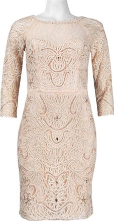 Sue Wong Embroidered Swirl 3/4 Sleeve Sheath Dress In Blush
