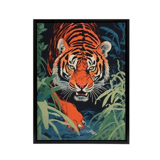 Artery8 Jungle Tiger Prowling Stalking Animal Framed Canvas Wall Art Print in Orange | Size: W24 x H32