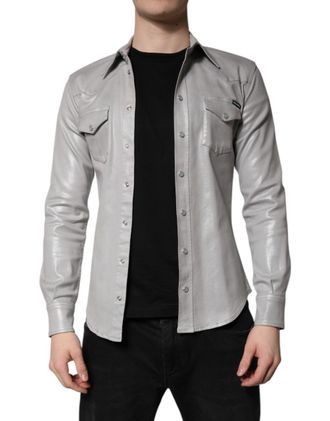 Dolce & Gabbana Mens Metallic Gray Cotton Button Down Shirt Elastane