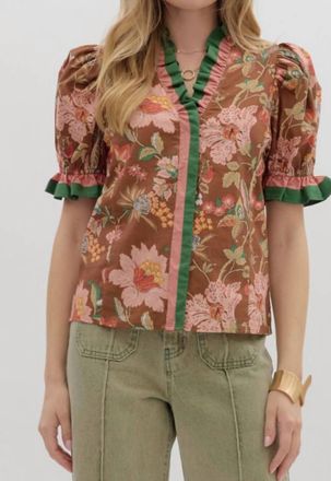 Entro Floral Print Shoulder Puff Sleeve Top In Brown Multi