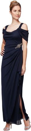 Alex Evenings Womens Long Cold Shoulder Mother of The Bride Dress with Beaded Detail at Hip, (Petite and Regular Sizes) Special Occasion, Embellished Nav, 14
