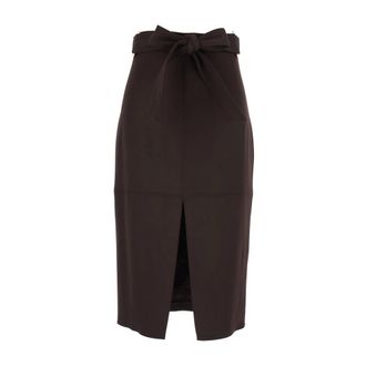 Elisabetta Franchi Midi Skirts, female, Brown, Size: L Gabardine Skirt with Sash Belt