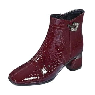 Generic Wine Ladies Casual Plus Size Patent Leather Short Tube Metal Buckle Winter Toe Shiny Boots for Fashion Events Comfortable and Elegant