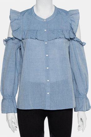 Joie Blue Cotton Cold Shoulder Ruffled Button Front Akari Top