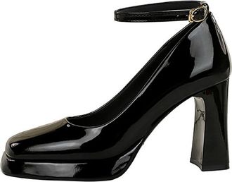 Generic Low Heeled Bridal Shoes Thick Heel High Heel Platform Leather Square Toe Single Strap High Heels Womens Size 5 Shoes (Black, 3.5)