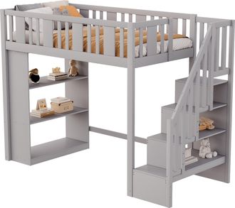 STILVORA Cama Alta Cama Individual Con Escalera De Almacenaje Y 3 Compartimentos, 90 &times; 200 Cm, Sin Colch&oacute;n, Gris