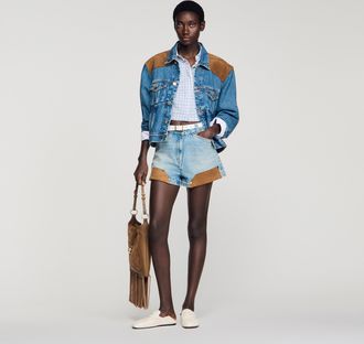 Sandro Riveted denim and suede shorts