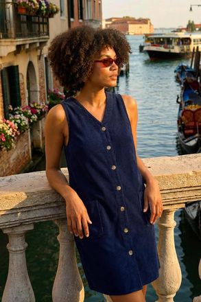 Roman Cotton V-Neck Button Pocket Dress