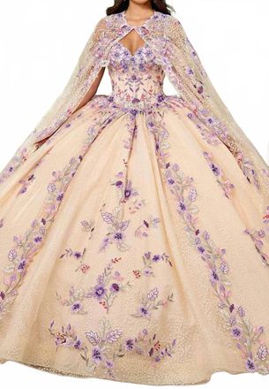 Rachel Allan Embroidered Cold Shoulder Ballgown In Champange/multi