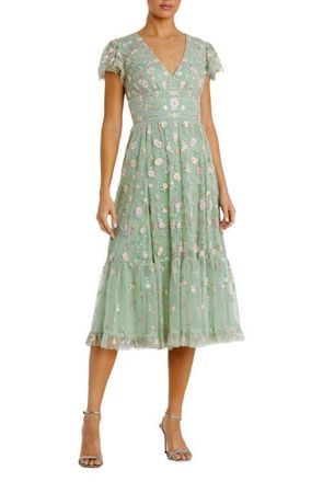 Mac Duggal Embroidered V Neck Cap Sleeve Midi Dress in Sage at Nordstrom, Size 24