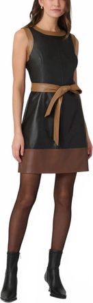 Shoshanna Shanti Faux Leather Mini Dress In Jet/camel/brown