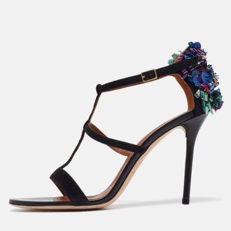 Malone Souliers Black Suede Floral Embellished Ankle Strap Sandals