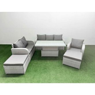Fimous Patio pe Wicker 8 Seater Outdoor Rattan Furniture Sofa Sets with Adjustable Lifting Dining or Coffee Table Reclining Chair Loveseat Sofa 3 Seater