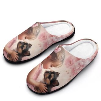 Generic Best Friend Girl And Yorkie Womens Slippers Warm House Slippers Indoor House Shoes with Anti-Skid Rubber Sole