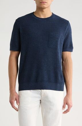 Tommy Bahama Salthill Short Sleeve Cotton & Linen Piqu&eacute; Sweater in Insignia Blue Heathe at Nordstrom, Size Xx-Large