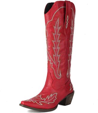 Generic Womens Pointed Toe Western Cowboy Boot Block Heel Knee High Boots PU Leather Long Boots with Embroidery Stitched,Red,5.5 UK