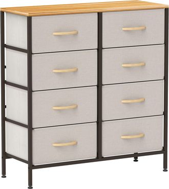 HOMCOM 8 Drawer Fabric Chest of Drawers w/ Wooden Top for Hallway - Cream | TJ Hughes