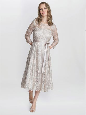 Gina Bacconi Womens Veronica Midi Embroidered Tulle Dress - Taupe - Size 20 UK