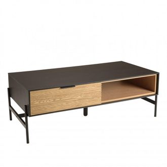 Macabane Mesa de centro con 2 cajones de madera de pino y metal marr&oacute;n y negro