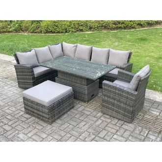 Fimous 8 Seater Outdoor High Back Rattan Adjustable Rising Lifting Dining Table Corner Sofa Set Garden Furniture Set Dark Grey Mixed Right Hand - Fimous