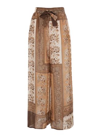 Zimmermann Lucky Brown Pants With Elastic Drawstring Waist And All-Over Floral Print In Silk Woman