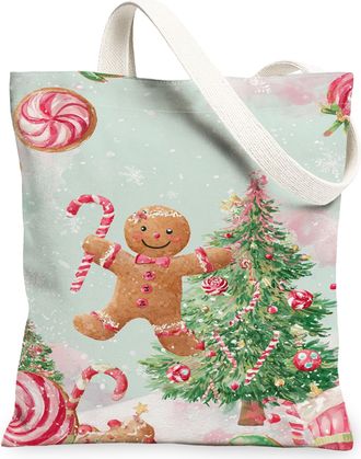 Generic Christmas Gingerbread Canvas Tote Bags, Festive Candy Pattern Reusable Bags, Vintage Lightweight Washable Shoulder Strap Fo, Green, 13x15 Inch