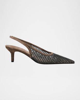 Brunello Cucinelli 55mm Monili Suede-Trimmed Slingback Pumps