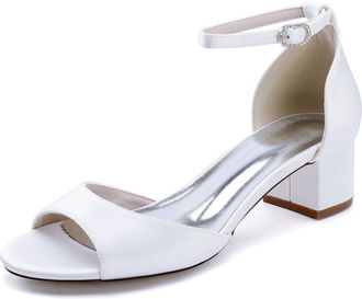 Generic Heels Wedding Shoes Block Heel Bridal Satin Open Toe Low Heels Sandals Prom Evening Formal Party Shoes 4.5Cm,White,10 UK