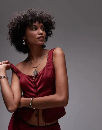 Nia true satin corset top in garnet red - part of a set