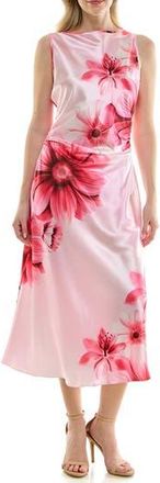Bebe Shirred Side Satin Midi Dress in Pink Floral at Nordstrom Rack, Size X-Small